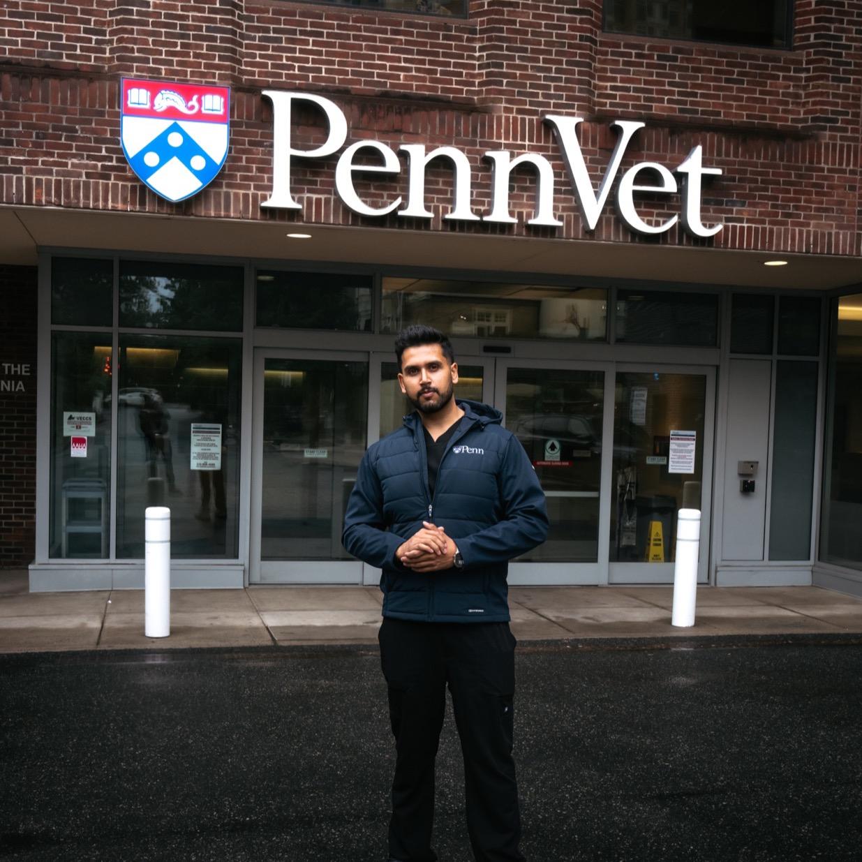 Dr. Prabh V S Gahra — Clinic Manager and PAVE Clinical Trainee at Cambrian Pet Clinic and Urgent Care, with Penn Vet signage visible